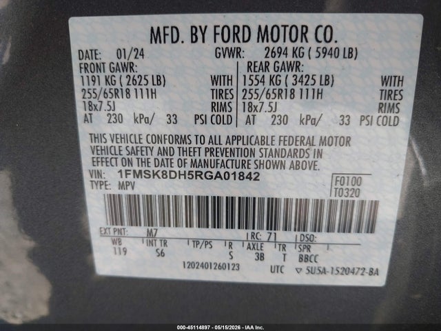 Продаж на аукціоні авто 2024 Ford Explorer Xlt, vin: 1FMSK8DH5RGA01842, номер лоту: 45114897