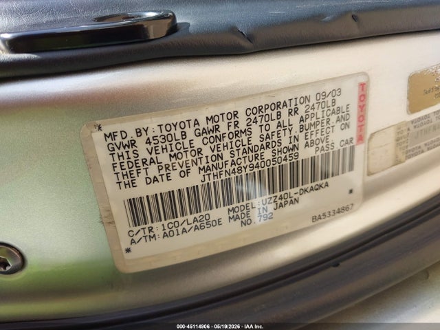 Aukcja sprzedaży 2004 Lexus Sc 430, vin: JTHFN48Y940050459, numer aukcji: 45114906