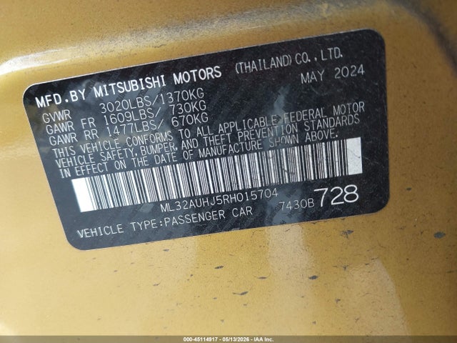 2024 Mitsubishi Mirage Es/le მანქანა იყიდება აუქციონზე, vin: ML32AUHJ5RH015704, აუქციონის ნომერი: 45114917