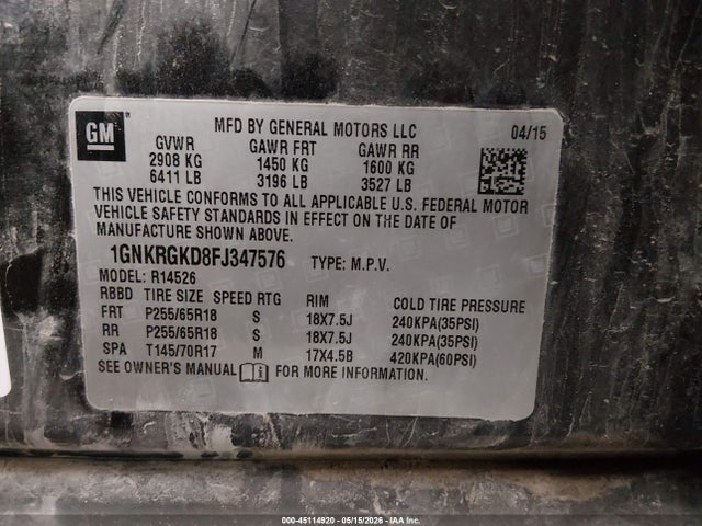 45114920 :رقم المزاد ، 1GNKRGKD8FJ347576 vin ، 2015 Chevrolet Traverse 1lt مزاد بيع