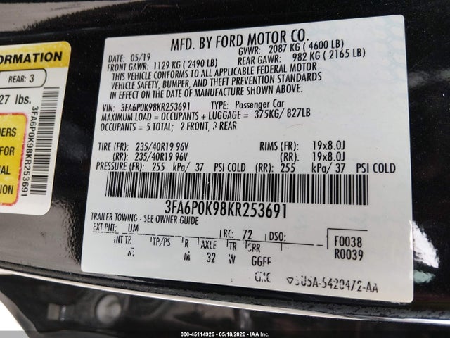 3FA6P0K98KR253691 Ford Fusion Titanium