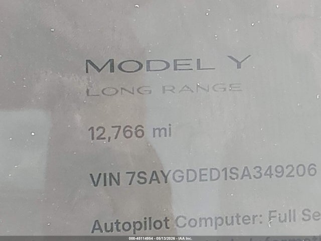 45114954 :رقم المزاد ، 7SAYGDED1SA349206 vin ، 2025 Tesla Model Y Long Range Dual Motor Rear-wheel Drive مزاد بيع
