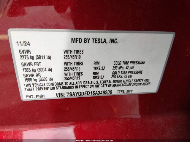 45114954 :رقم المزاد ، 7SAYGDED1SA349206 vin ، 2025 Tesla Model Y Long Range Dual Motor Rear-wheel Drive مزاد بيع