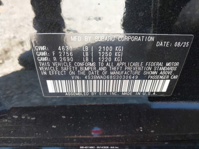 Aukcja sprzedaży 2025 Subaru Legacy Premium, vin: 4S3BWAD68S3030649, numer aukcji: 45114961