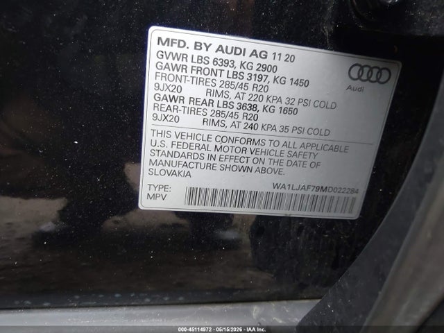 Auction sale of the 2021 Audi Q7 Premium Plus 45 Tfsi Quattro Tiptronic, vin: WA1LJAF79MD022284, lot number: 45114972