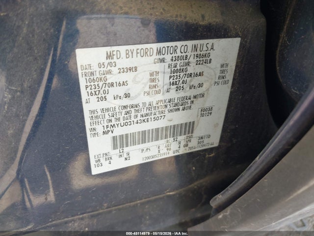 Aukcja sprzedaży 2003 Ford Escape Xlt, vin: 1FMYU03143KE15077, numer aukcji: 45114979