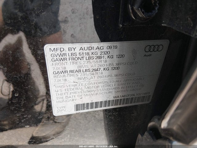 45114995 :رقم المزاد ، WA1AECF39L1021463 vin ، 2020 Audi Q3 Premium 45 Tfsi Quattro Tiptronic مزاد بيع