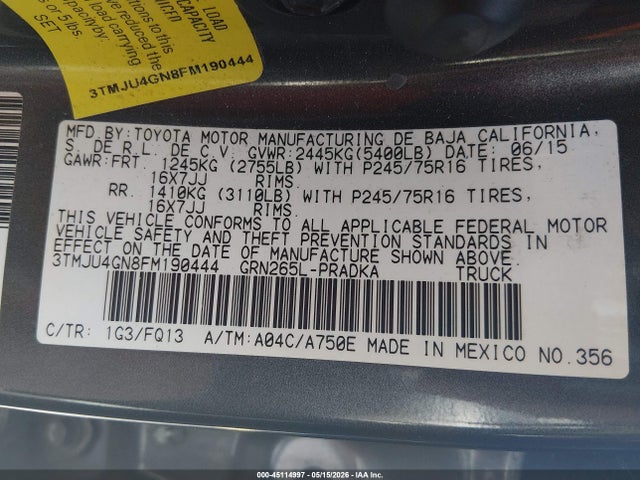 45114997 :رقم المزاد ، 3TMJU4GN8FM190444 vin ، 2015 Toyota Tacoma Prerunner V6 مزاد بيع