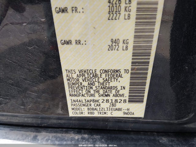 Aukcja sprzedaży 2017 Nissan Altima 2.5 Sv, vin: 1N4AL3AP8HC281828, numer aukcji: 45115002