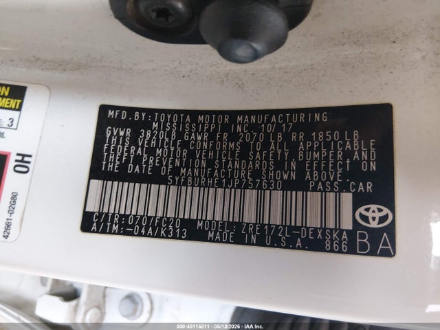 Aukcja sprzedaży 2018 Toyota Corolla Se, vin: 5YFBURHE1JP757630, numer aukcji: 45115011