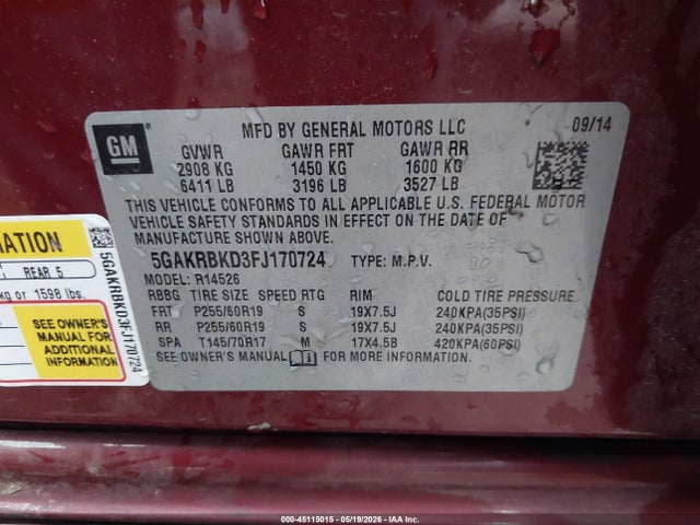 Продажа на аукционе авто 2015 Buick Enclave Leather, vin: 5GAKRBKD3FJ170724, номер лота: 45115015