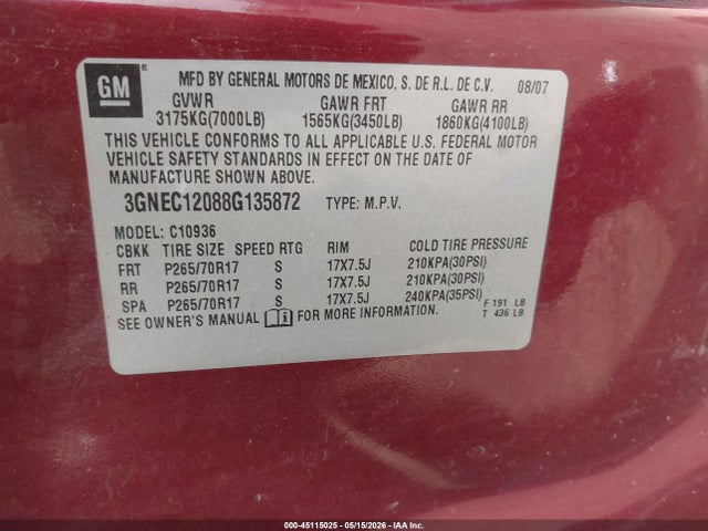 Aukcja sprzedaży 2008 Chevrolet Avalanche 1500 Ls, vin: 3GNEC12088G135872, numer aukcji: 45115025