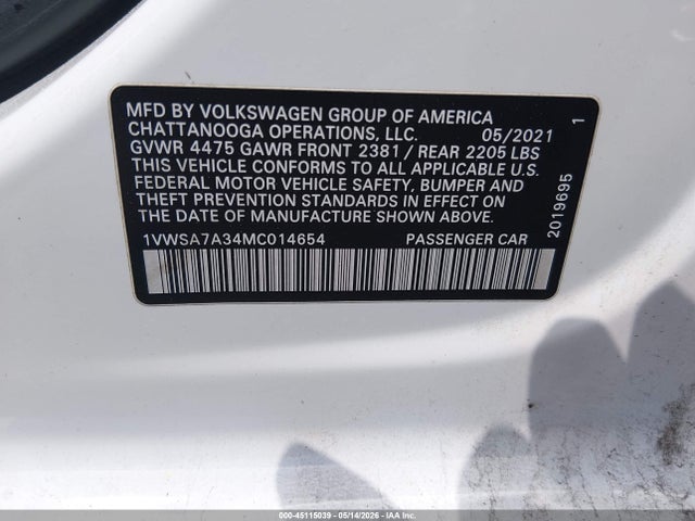Aukcja sprzedaży 2021 Volkswagen Passat 2.0t Se, vin: 1VWSA7A34MC014654, numer aukcji: 45115039