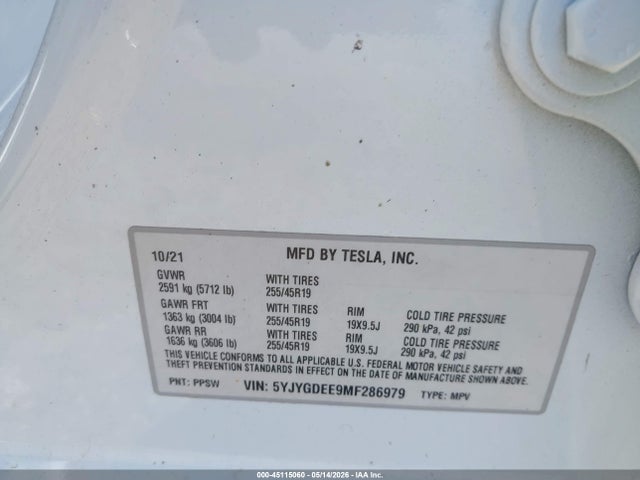 Aukcja sprzedaży 2021 Tesla Model Y Long Range Dual Motor All-wheel Drive, vin: 5YJYGDEE9MF286979, numer aukcji: 45115060