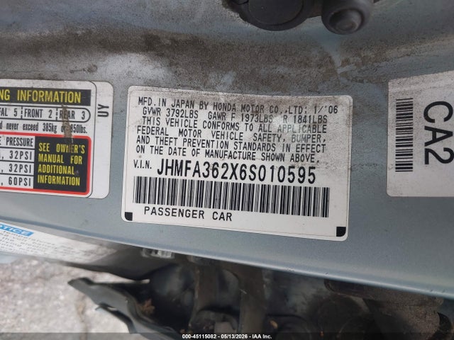 45115082 :رقم المزاد ، JHMFA362X6S010595 vin ، 2006 Honda Civic Hybrid مزاد بيع