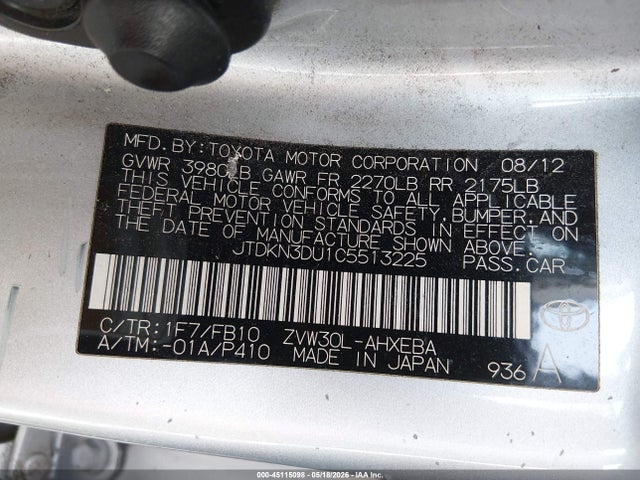 Aukcja sprzedaży 2012 Toyota Prius Two, vin: JTDKN3DU1C5513225, numer aukcji: 45115098