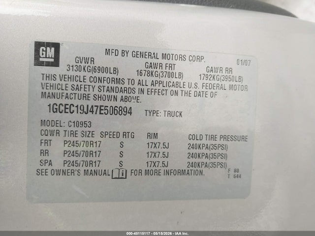 Продажа на аукционе авто 2007 Chevrolet Silverado 1500 Lt1, vin: 1GCEC19J47E506894, номер лота: 45115117