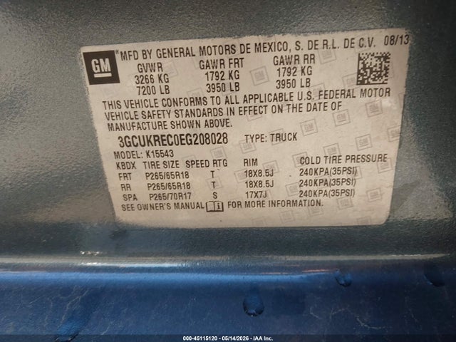 45115120 :رقم المزاد ، 3GCUKREC0EG208028 vin ، 2014 Chevrolet Silverado 1500 2lt مزاد بيع