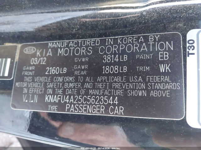 2012 Kia Forte Ex მანქანა იყიდება აუქციონზე, vin: KNAFU4A25C5623544, აუქციონის ნომერი: 45115125