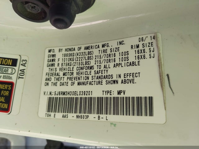 45115152 :رقم المزاد ، 5J6RM3H30EL039201 vin ، 2014 Honda Cr-v Lx مزاد بيع