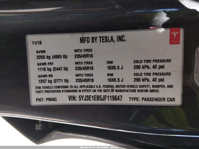 Tesla Model 3 Long Range/performance 2018 5YJ3E1EB5JF119647 Image 9