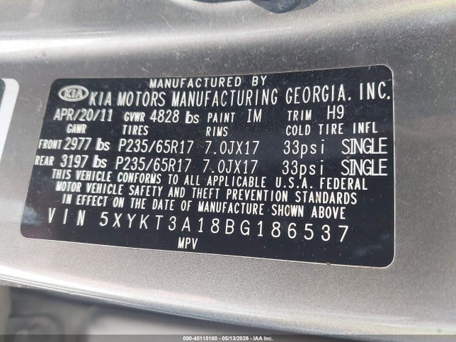 Aukcja sprzedaży 2011 Kia Sorento Lx, vin: 5XYKT3A18BG186537, numer aukcji: 45115180