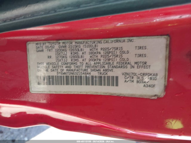Продажа на аукционе авто 2003 Toyota Tacoma Base V6, vin: 5TEWN72N63Z154844, номер лота: 45115189