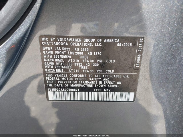 Продаж на аукціоні авто 2018 Volkswagen Atlas 2.0t Sel, vin: 1V2EP2CA6JC598871, номер лоту: 45115194