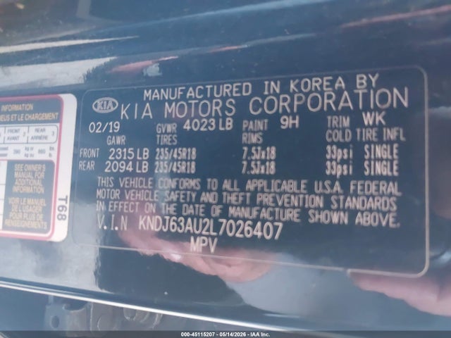Aukcja sprzedaży 2020 Kia Soul Gt-line, vin: KNDJ63AU2L7026407, numer aukcji: 45115207