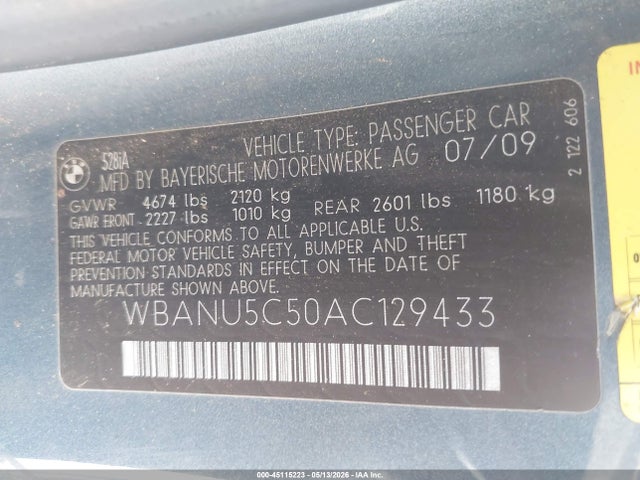 2010 Bmw 528i მანქანა იყიდება აუქციონზე, vin: WBANU5C50AC129433, აუქციონის ნომერი: 45115223
