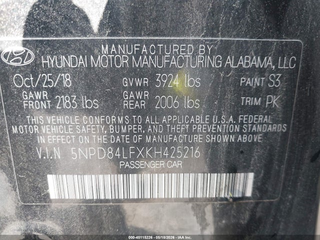 Aukcja sprzedaży 2019 Hyundai Elantra Sel, vin: 5NPD84LFXKH425216, numer aukcji: 45115226