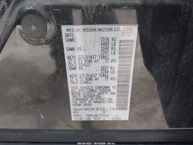 45115227 :رقم المزاد ، 5N1AT2MT5HC858128 vin ، 2017 Nissan Rogue Sv مزاد بيع