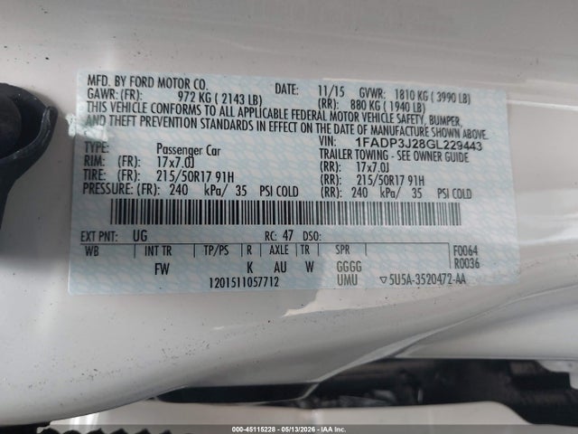 45115228 :رقم المزاد ، 1FADP3J28GL229443 vin ، 2016 Ford Focus Titanium مزاد بيع