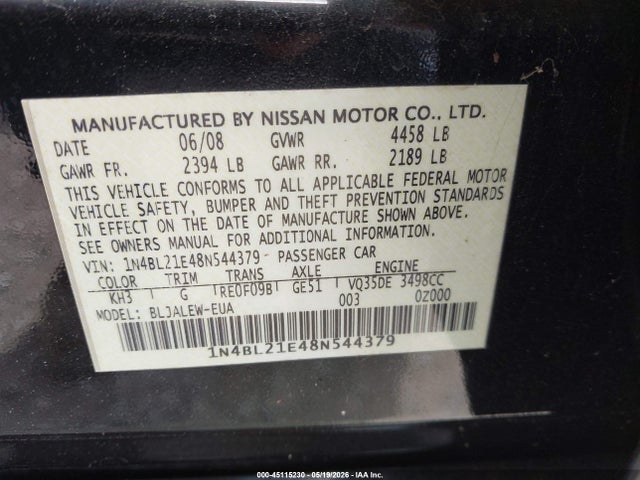 Aukcja sprzedaży 2008 Nissan Altima 3.5 Sl, vin: 1N4BL21E48N544379, numer aukcji: 45115230