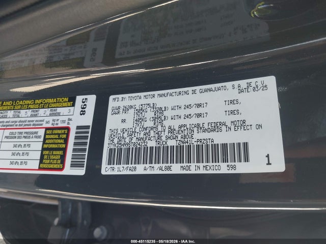 45115235 :رقم المزاد ، 3TYKD5HN9ST024232 vin ، 2025 Toyota Tacoma Sr مزاد بيع