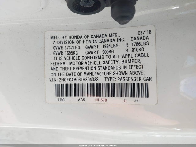 Продаж на аукціоні авто 2018 Honda Civic Lx-p, vin: 2HGFC4B03JH304038, номер лоту: 45115243