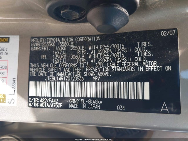 2007 Toyota 4runner Sr5 V6 მანქანა იყიდება აუქციონზე, vin: JTEBU14R170120536, აუქციონის ნომერი: 45115245