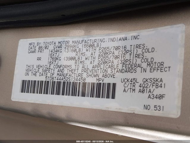 Aukcja sprzedaży 2002 Toyota Sequoia Sr5 V8, vin: 5TDBT44A52S134450, numer aukcji: 45115248