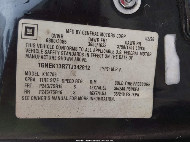 Продаж на аукціоні авто 1996 Chevrolet Tahoe K1500, vin: 1GNEK13R7TJ342812, номер лоту: 45115250