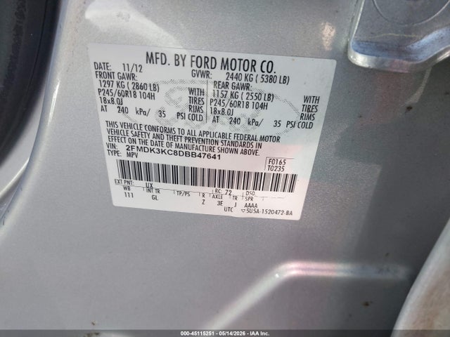 45115251 :رقم المزاد ، 2FMDK3KC8DBB47641 vin ، 2013 Ford Edge Limited مزاد بيع