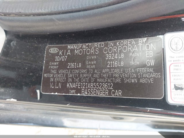 45115257 :رقم المزاد ، KNAFE121X85523612 vin ، 2008 Kia Spectra Ex مزاد بيع