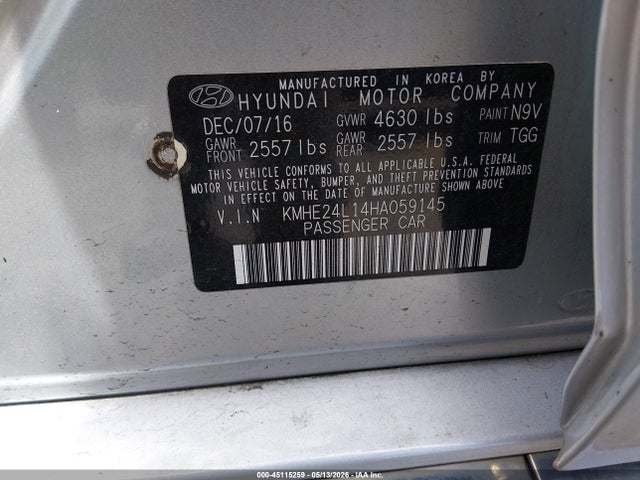 Aukcja sprzedaży 2017 Hyundai Sonata Hybrid Se, vin: KMHE24L14HA059145, numer aukcji: 45115259