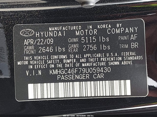 45115260 :رقم المزاد ، KMHGC46F79U059430 vin ، 2009 Hyundai Genesis 4.6 مزاد بيع