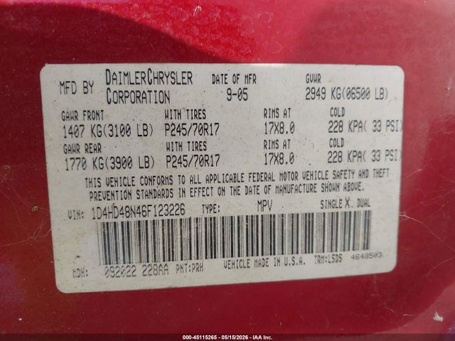 Aukcja sprzedaży 2006 Dodge Durango Slt, vin: 1D4HD48N46F123226, numer aukcji: 45115265
