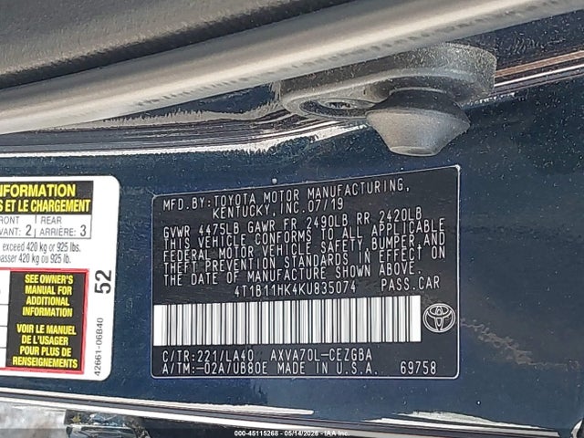 2019 Toyota Camry Xle მანქანა იყიდება აუქციონზე, vin: 4T1B11HK4KU835074, აუქციონის ნომერი: 45115268