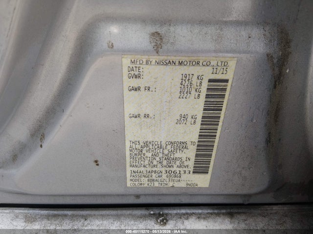 Aukcja sprzedaży 2016 Nissan Altima 2.5 S, vin: 1N4AL3AP8GN306133, numer aukcji: 45115270