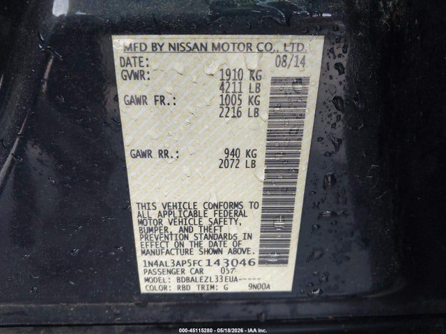 Продажа на аукционе авто 2015 Nissan Altima 2.5 S, vin: 1N4AL3AP5FC143046, номер лота: 45115280