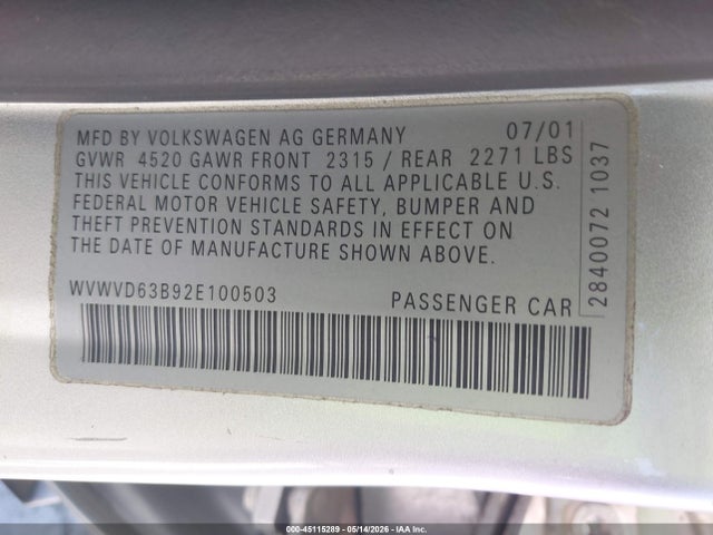 Продаж на аукціоні авто 2002 Volkswagen Passat Gls, vin: WVWVD63B92E100503, номер лоту: 45115289