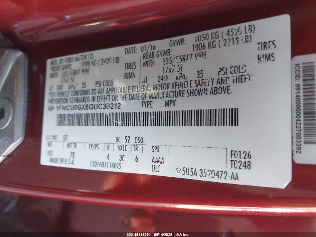 45115291 :رقم المزاد ، 1FMCU0GX8GUC30212 vin ، 2016 Ford Escape Se مزاد بيع