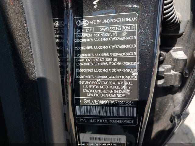 2011 Land Rover Range Rover Hse მანქანა იყიდება აუქციონზე, vin: SALME1D40BA343788, აუქციონის ნომერი: 45115296